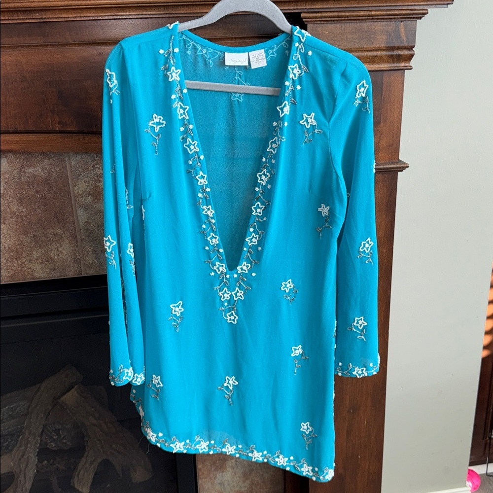 Turquoise semi sheer beaded embellished asymmetrical swim cover/ tunic Y2K M